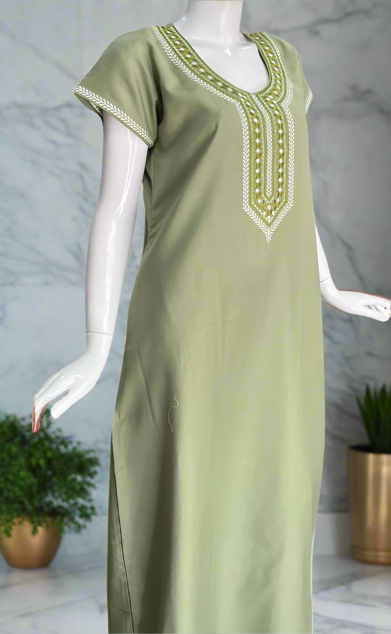 Pista Green Embroidery Spun Nighty. Flowy Spun Fabric | Laces and Frills