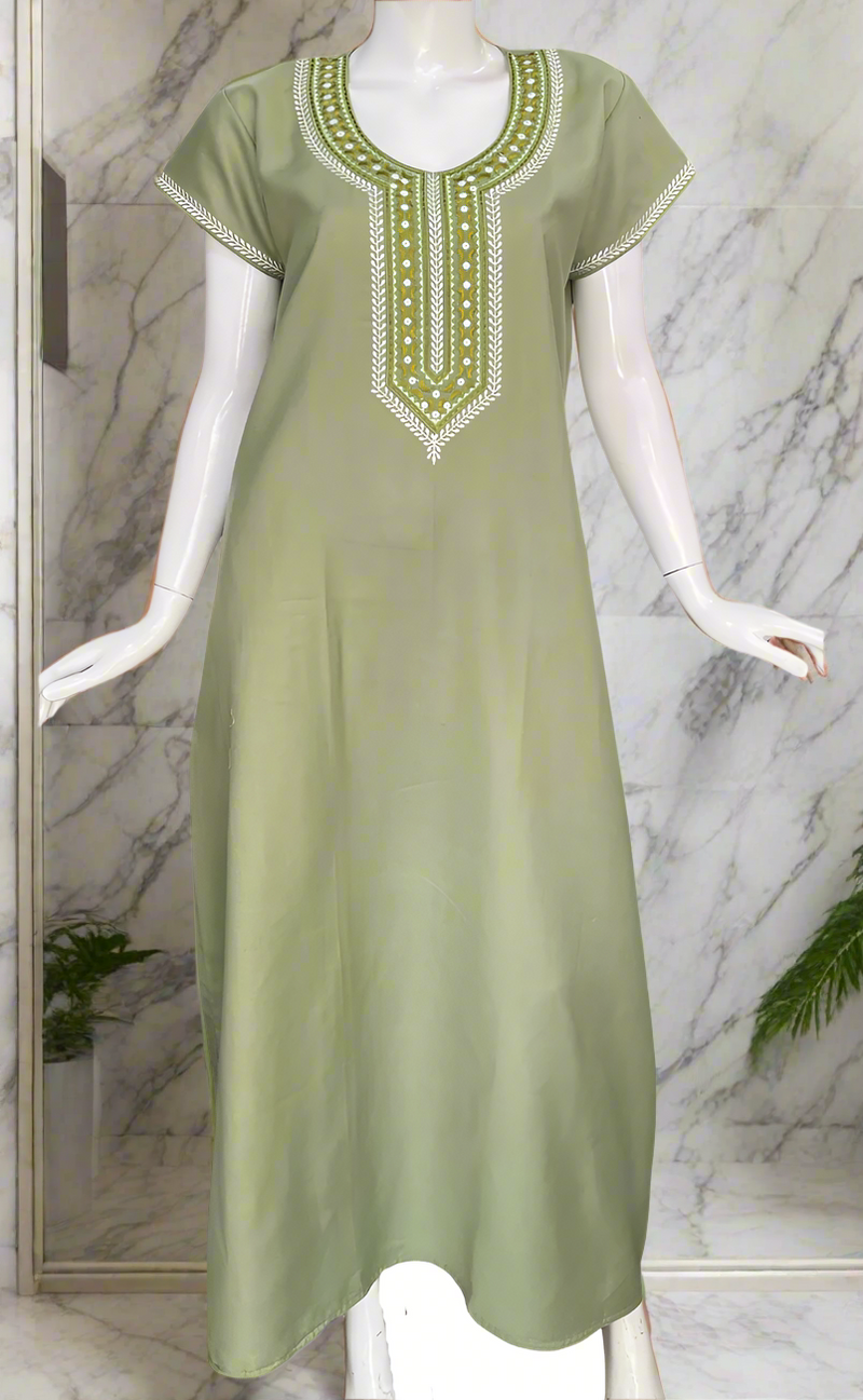 Pista Green Embroidery Spun Nighty. Flowy Spun Fabric | Laces and Frills