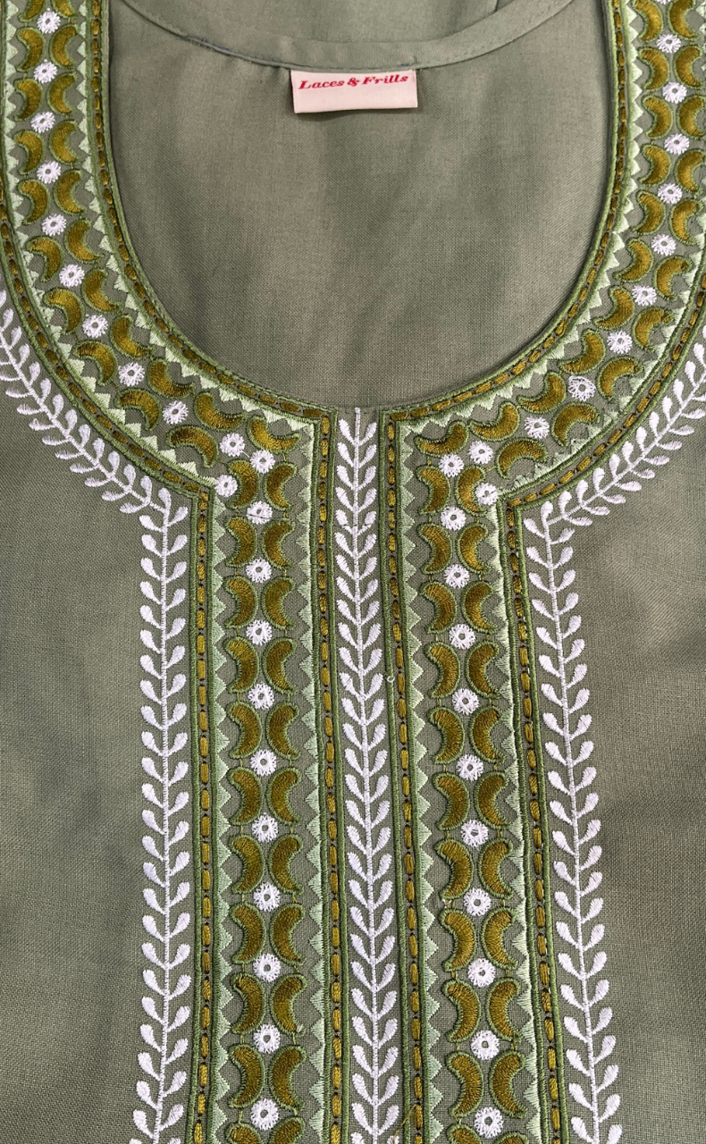 Pista Green Embroidery Spun Nighty. Flowy Spun Fabric | Laces and Frills