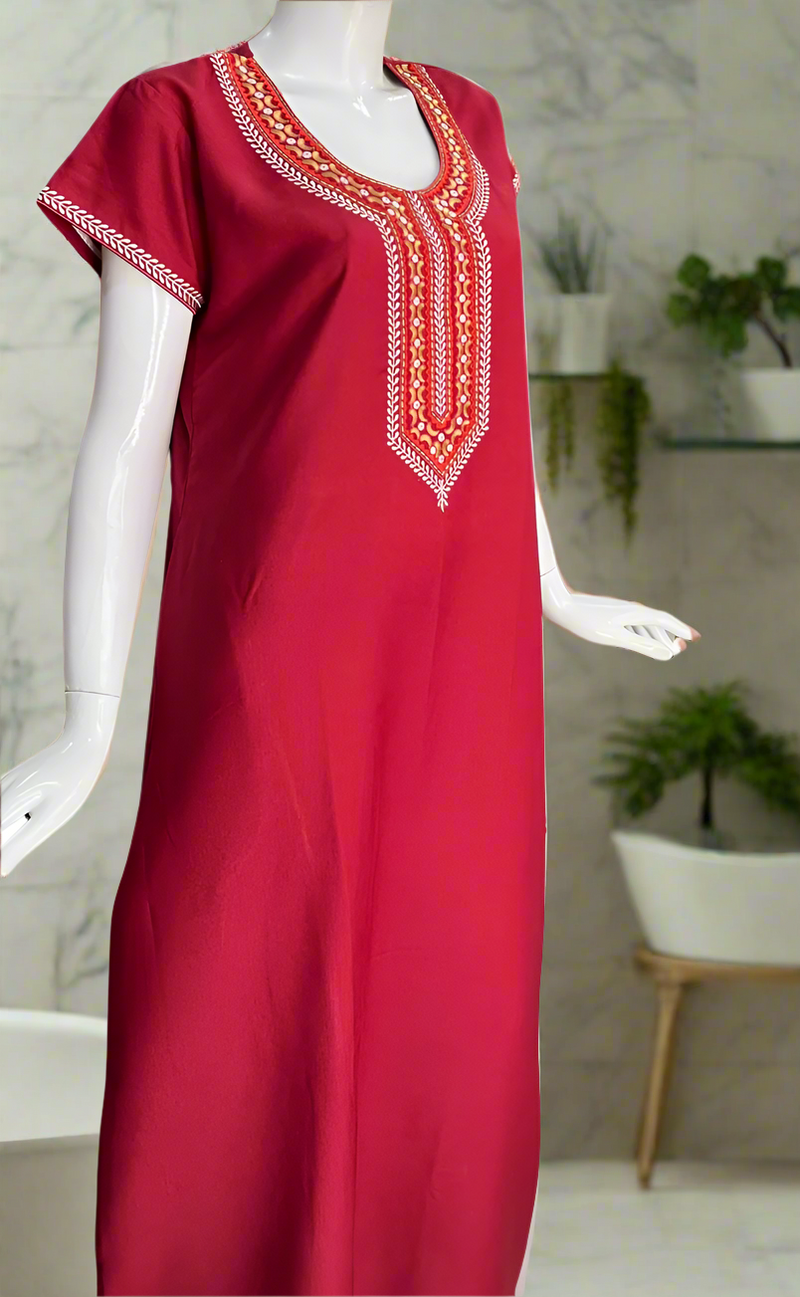 Maroon Embroidery Spun Nighty. Flowy Spun Fabric | Laces and Frills