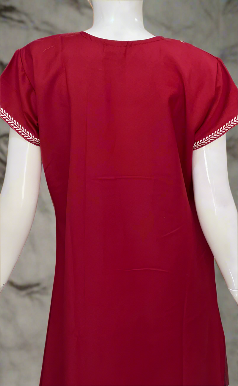 Maroon Embroidery Spun Nighty. Flowy Spun Fabric | Laces and Frills