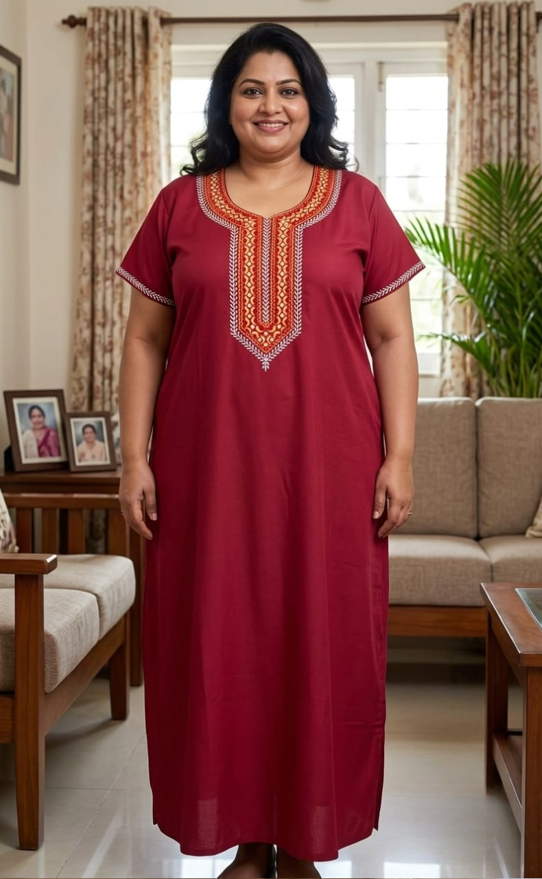 Maroon Embroidery Spun Nighty. Flowy Spun Fabric | Laces and Frills