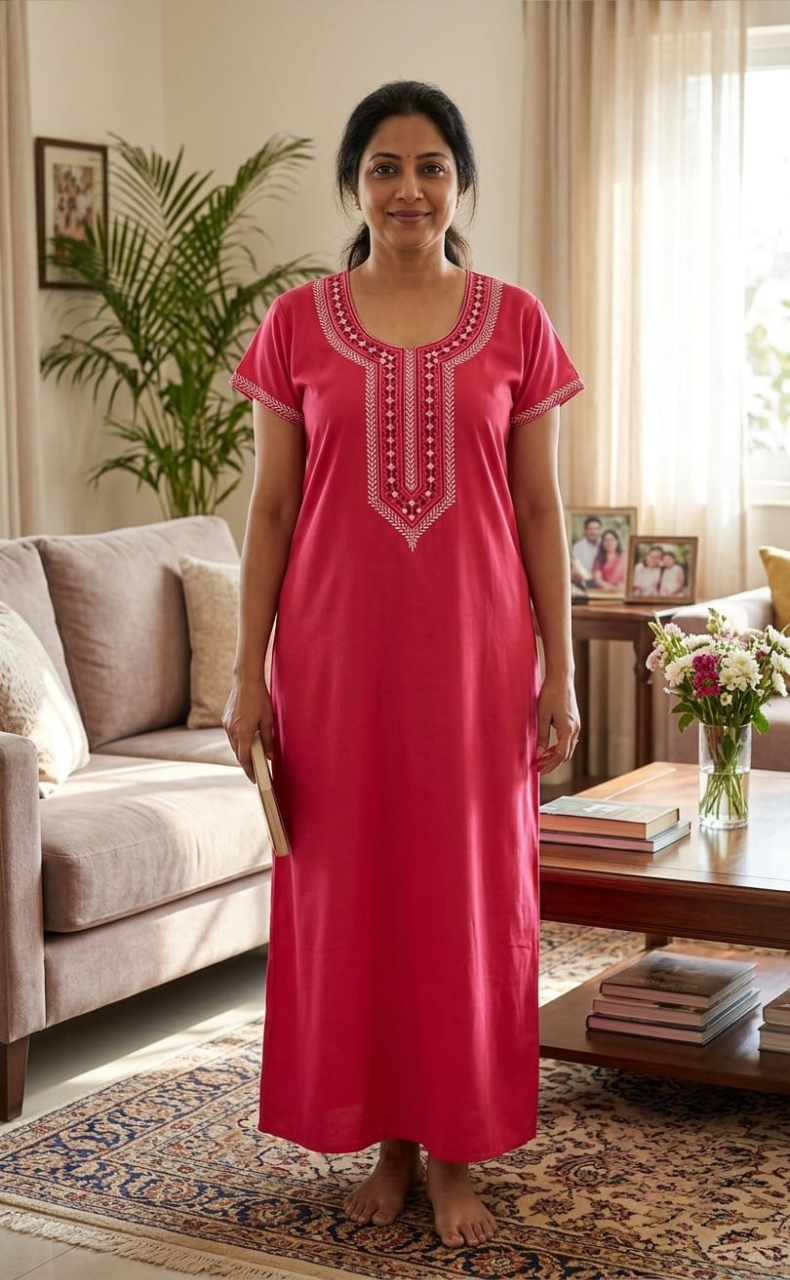 Peach Embroidery Spun Nighty. Flowy Spun Fabric | Laces and Frills