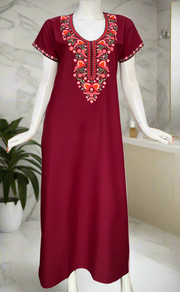 Maroon Embroidery Soft Cotton Nighty. Soft Breathable Fabric | Laces and Frills