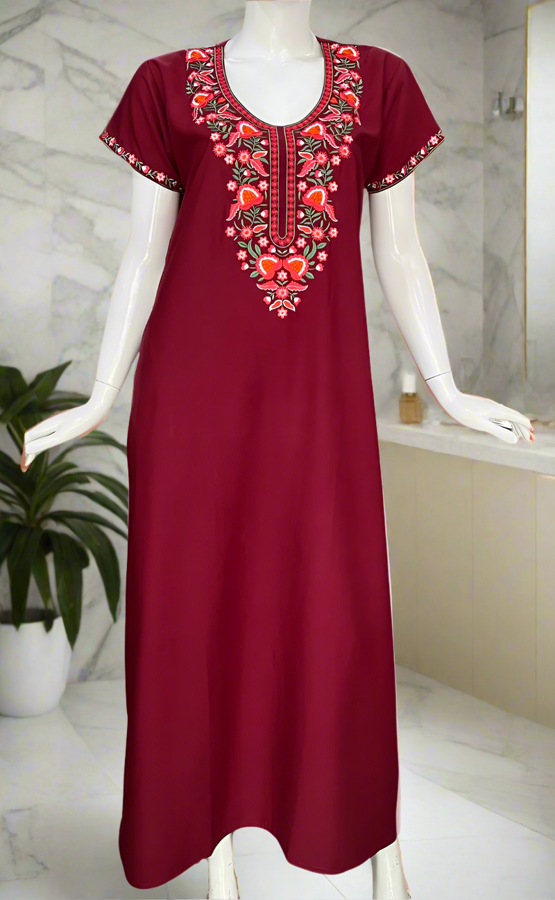 Maroon Embroidery Soft Cotton Nighty. Soft Breathable Fabric | Laces and Frills