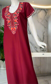 Maroon Embroidery Soft Cotton Nighty. Soft Breathable Fabric | Laces and Frills
