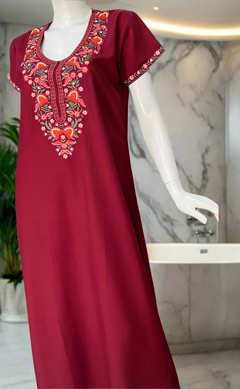 Maroon Embroidery Soft Cotton Nighty. Soft Breathable Fabric | Laces and Frills