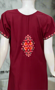 Maroon Embroidery Soft Cotton Nighty. Soft Breathable Fabric | Laces and Frills