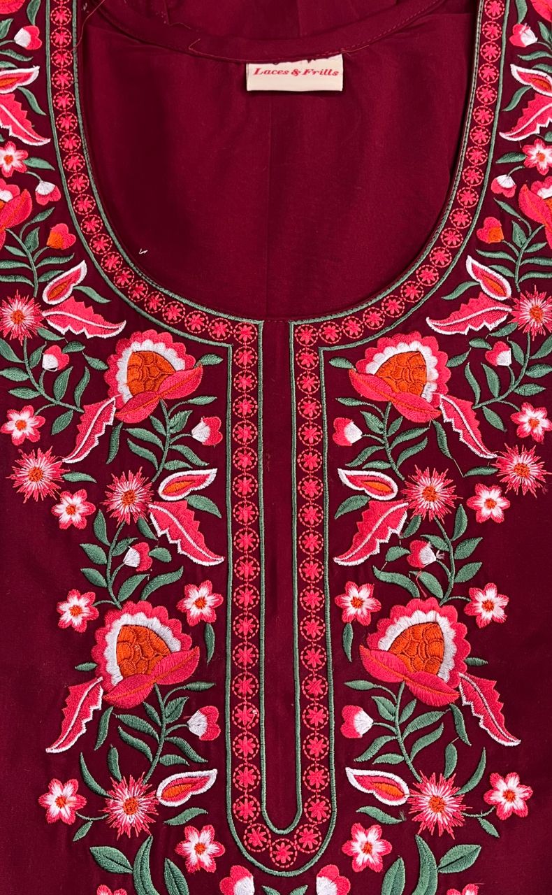 Maroon Embroidery Soft Cotton Nighty. Soft Breathable Fabric | Laces and Frills