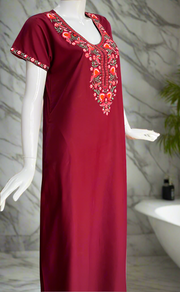 Maroon Embroidery Soft Cotton Nighty. Soft Breathable Fabric | Laces and Frills