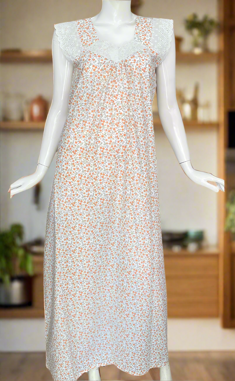 White/Orange Tiny Floral Boutique Cotton Sleeveless Nighty. Pure Durable Cotton | Laces and Frills