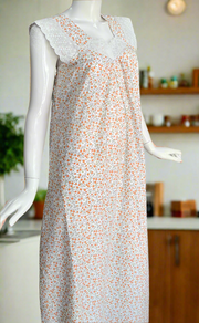 White/Orange Tiny Floral Boutique Cotton Sleeveless Nighty. Pure Durable Cotton | Laces and Frills