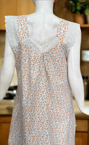 White/Orange Tiny Floral Boutique Cotton Sleeveless Nighty. Pure Durable Cotton | Laces and Frills
