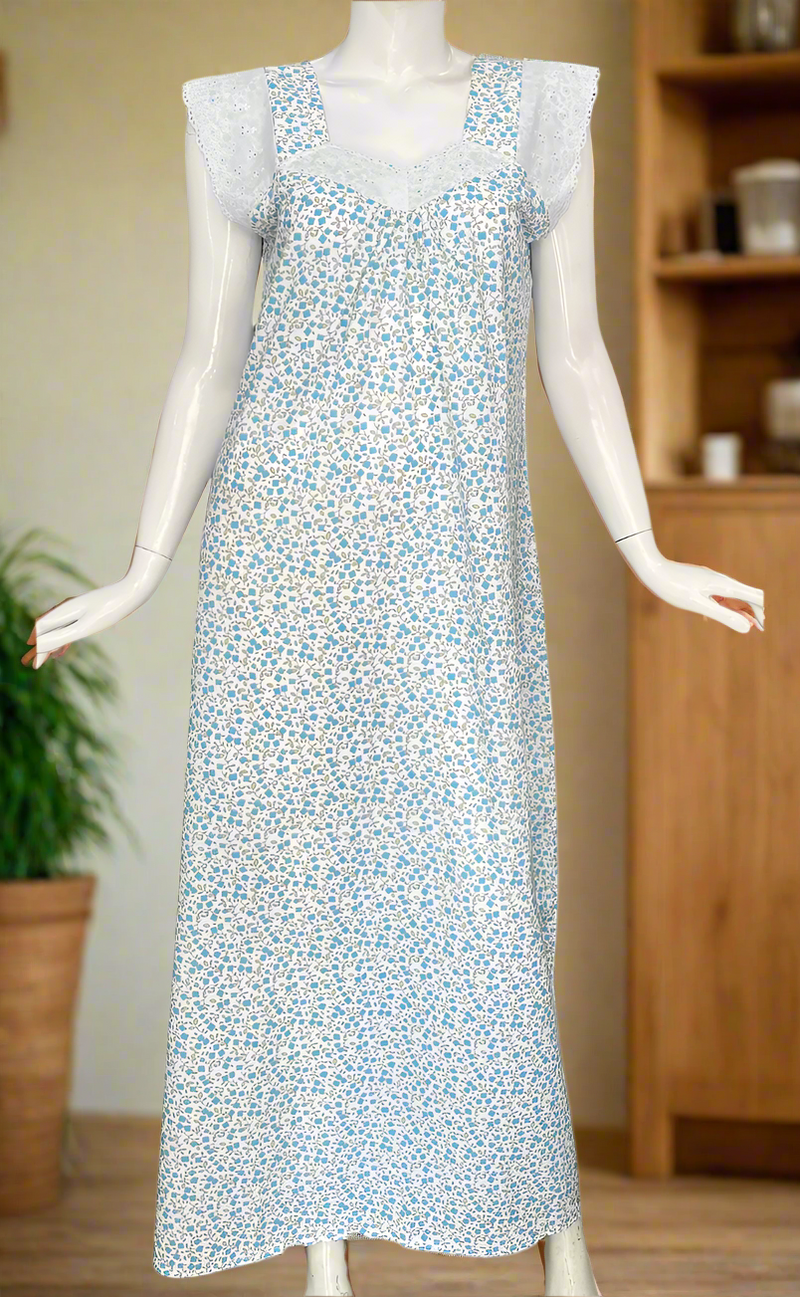 White/Sky Blue Tiny Floral Boutique Cotton Sleeveless Nighty . Pure Durable Cotton | Laces and Frills