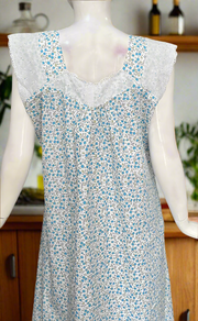 White/Sky Blue Tiny Floral Boutique Cotton Sleeveless Nighty . Pure Durable Cotton | Laces and Frills