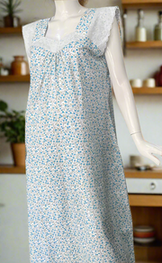 White/Sky Blue Tiny Floral Boutique Cotton Sleeveless Nighty . Pure Durable Cotton | Laces and Frills