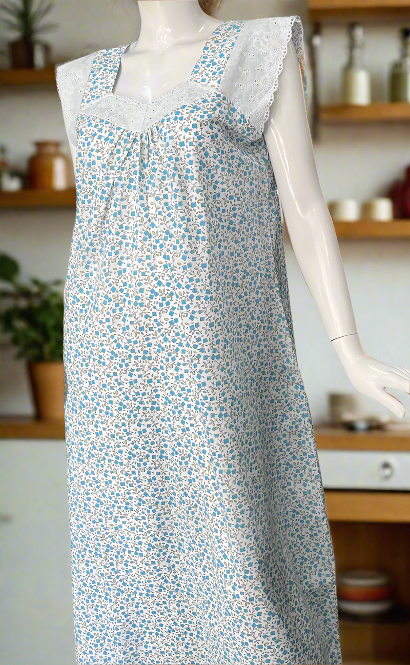 White/Sky Blue Tiny Floral Boutique Cotton Sleeveless Nighty . Pure Durable Cotton | Laces and Frills