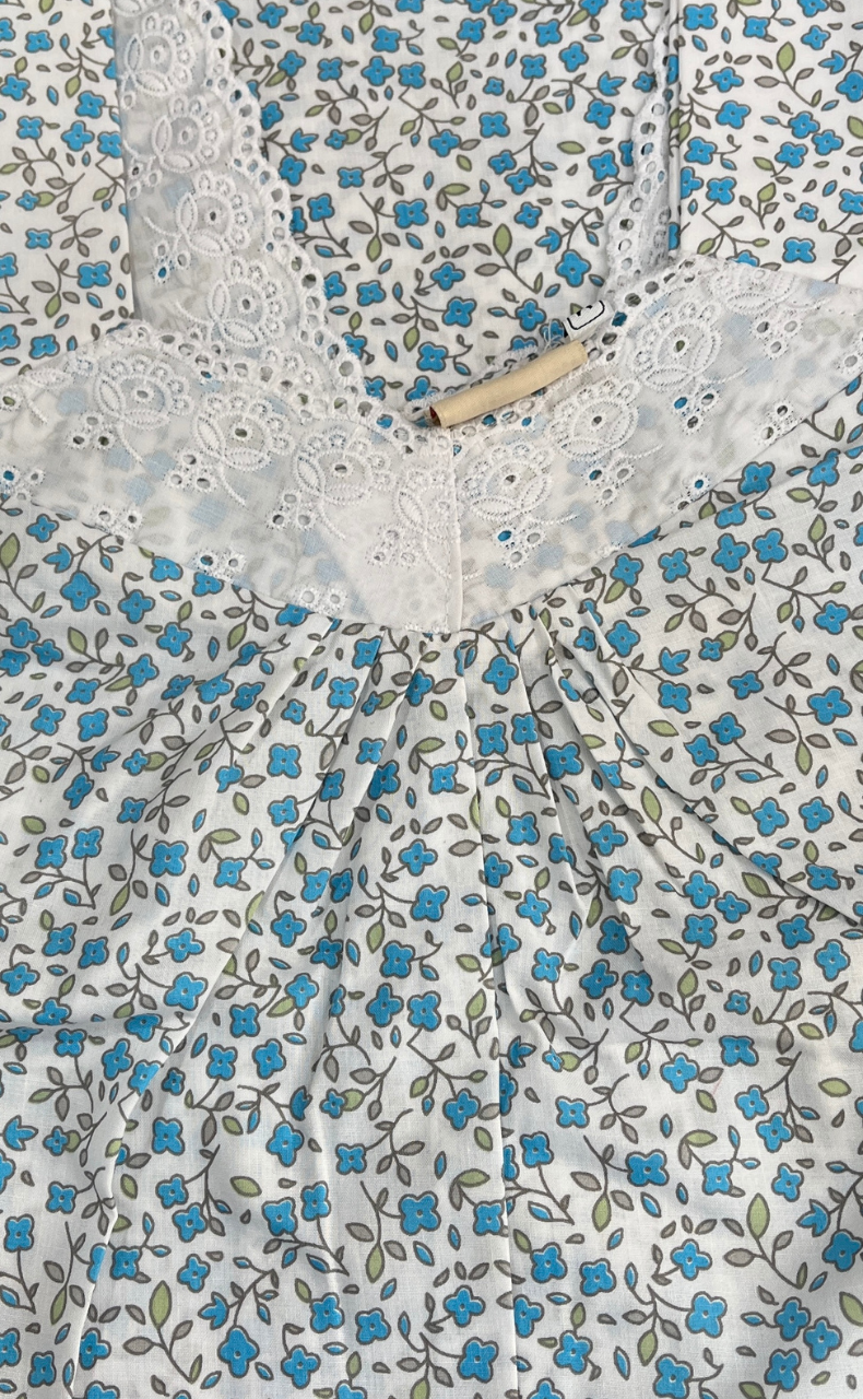 White/Sky Blue Tiny Floral Boutique Cotton Sleeveless Nighty . Pure Durable Cotton | Laces and Frills