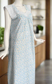 White/Sky Blue Tiny Floral Boutique Cotton Sleeveless Nighty . Pure Durable Cotton | Laces and Frills