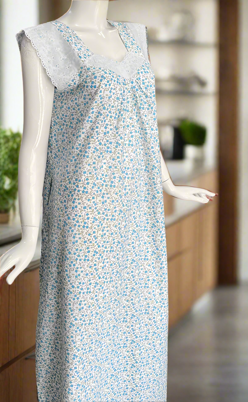 White/Sky Blue Tiny Floral Boutique Cotton Sleeveless Nighty . Pure Durable Cotton | Laces and Frills