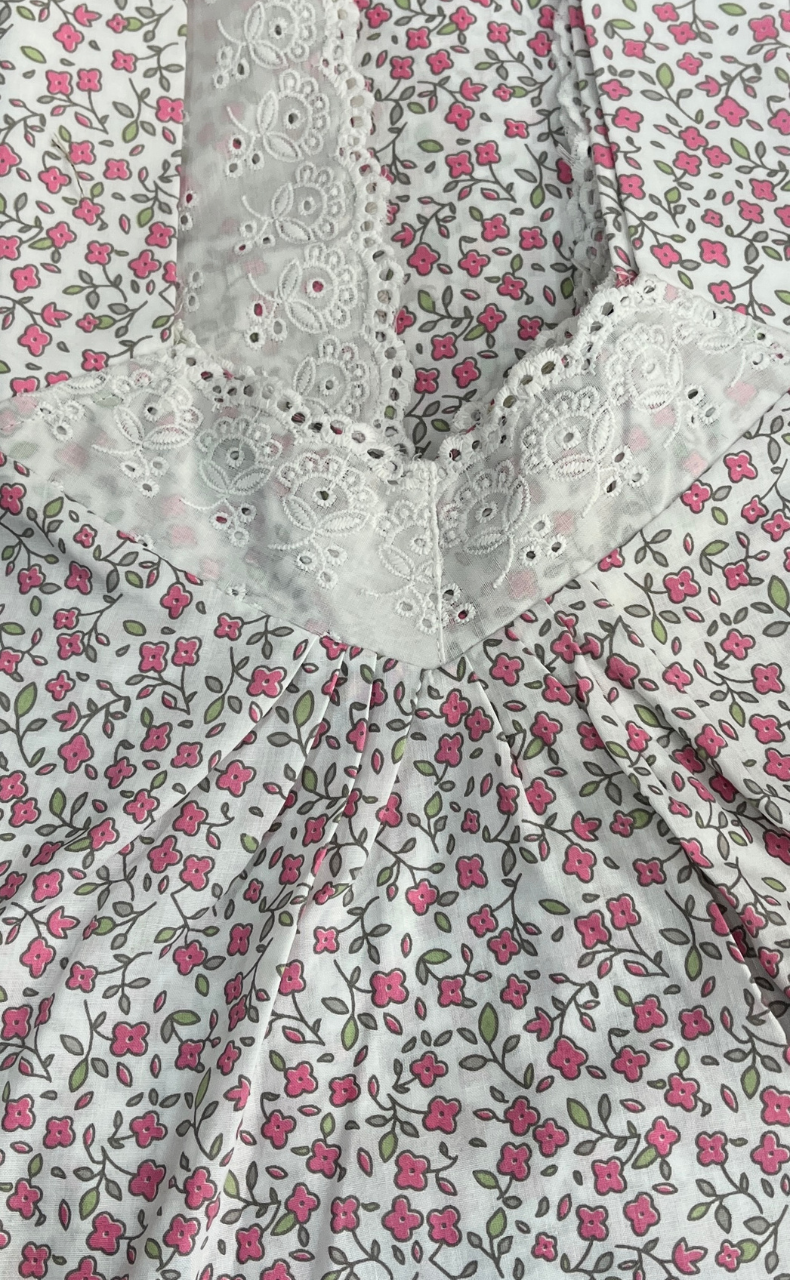 White/Pink Tiny Floral Boutique Cotton Sleeveless Nighty . Pure Durable Cotton | Laces and Frills