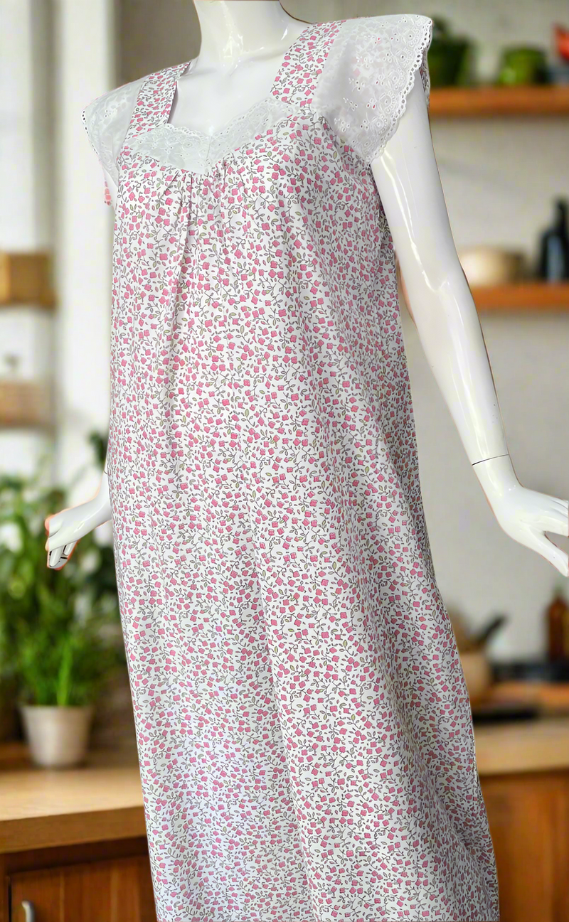 White/Pink Tiny Floral Boutique Cotton Sleeveless Nighty . Pure Durable Cotton | Laces and Frills