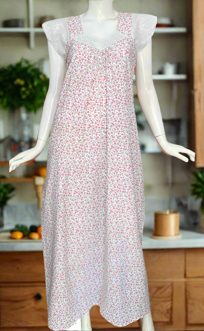 White/Pink Tiny Floral Boutique Cotton Sleeveless Nighty . Pure Durable Cotton | Laces and Frills