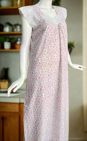 White/Pink Tiny Floral Boutique Cotton Sleeveless Nighty . Pure Durable Cotton | Laces and Frills