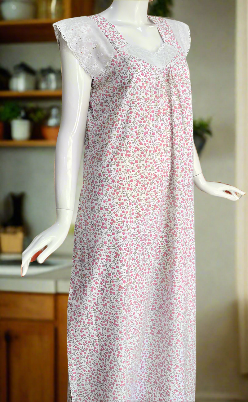 White/Pink Tiny Floral Boutique Cotton Sleeveless Nighty . Pure Durable Cotton | Laces and Frills