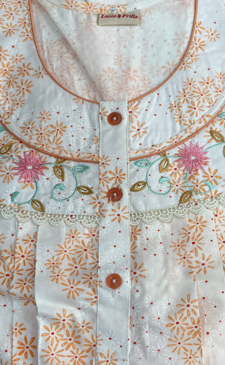 Orange Tiny Floral Boutique Cotton Nighty . Pure Durable Cotton | Laces and Frills
