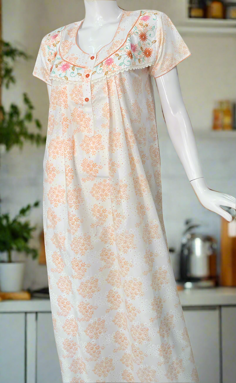 Orange Tiny Floral Boutique Cotton Nighty . Pure Durable Cotton | Laces and Frills
