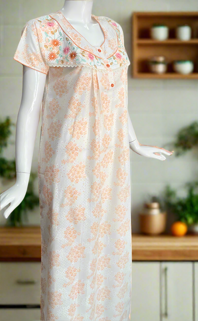 Orange Tiny Floral Boutique Cotton Nighty . Pure Durable Cotton | Laces and Frills