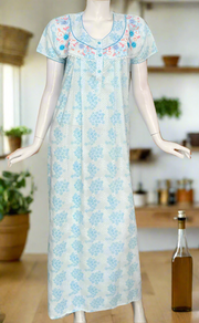 Sky Blue Tiny Floral Boutique Cotton Nighty . Pure Durable Cotton | Laces and Frills