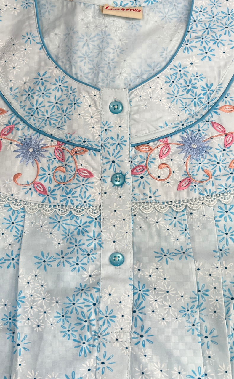 Sky Blue Tiny Floral Boutique Cotton Nighty . Pure Durable Cotton | Laces and Frills