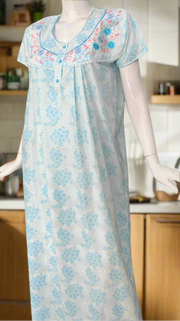 Sky Blue Tiny Floral Boutique Cotton Nighty . Pure Durable Cotton | Laces and Frills