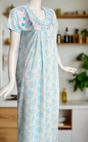 Sky Blue Tiny Floral Boutique Cotton Nighty . Pure Durable Cotton | Laces and Frills