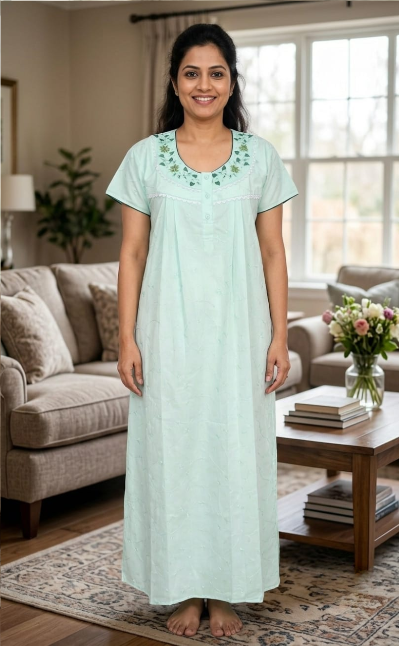 Light Green Garden Chikankari Nighty . Pure Durable Cotton | Laces and Frills