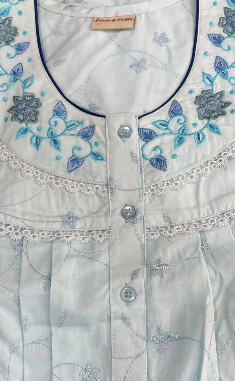 Light Blue Garden Boutique Cotton Nighty . Pure Durable Cotton | Laces and Frills