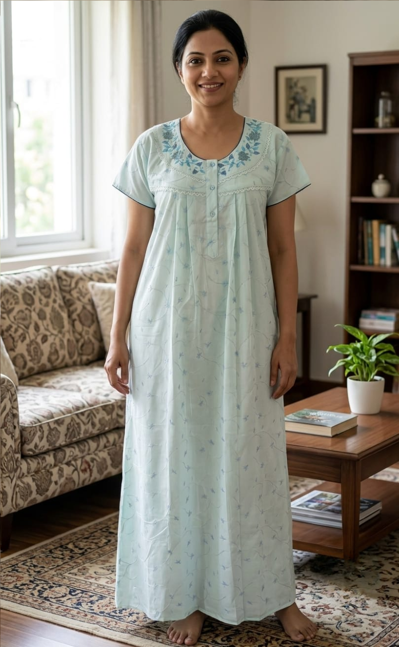 Light Blue Garden Chikankari Nighty . Pure Durable Cotton | Laces and Frills