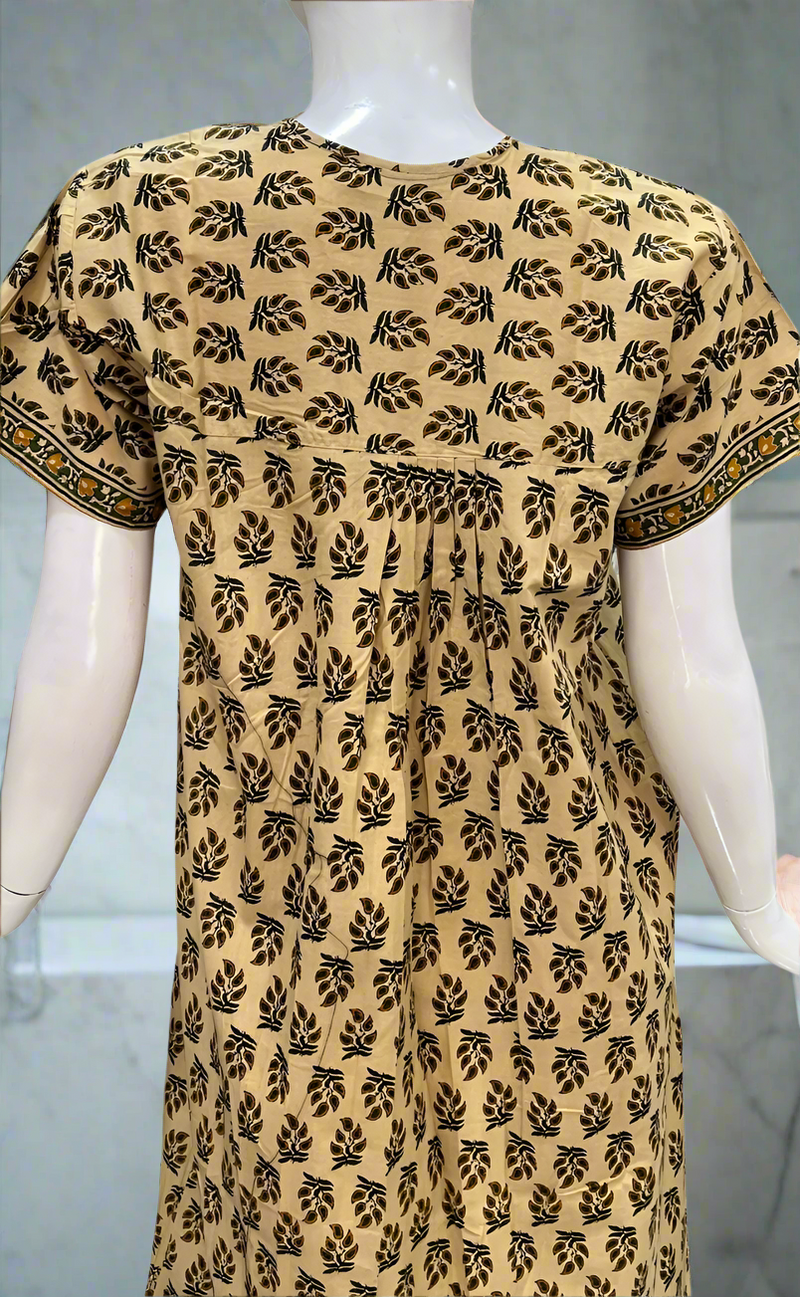 Cream/Yellow Leafy Full Open Pure Cotton Nighty. Pure Cotton | Laces and Frills