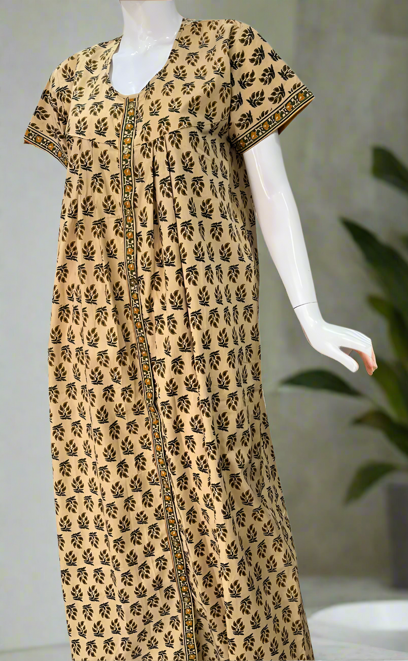 Cream/Yellow Leafy Full Open Pure Cotton Nighty. Pure Cotton | Laces and Frills