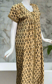 Cream/Yellow Leafy Full Open Pure Cotton Nighty. Pure Cotton | Laces and Frills