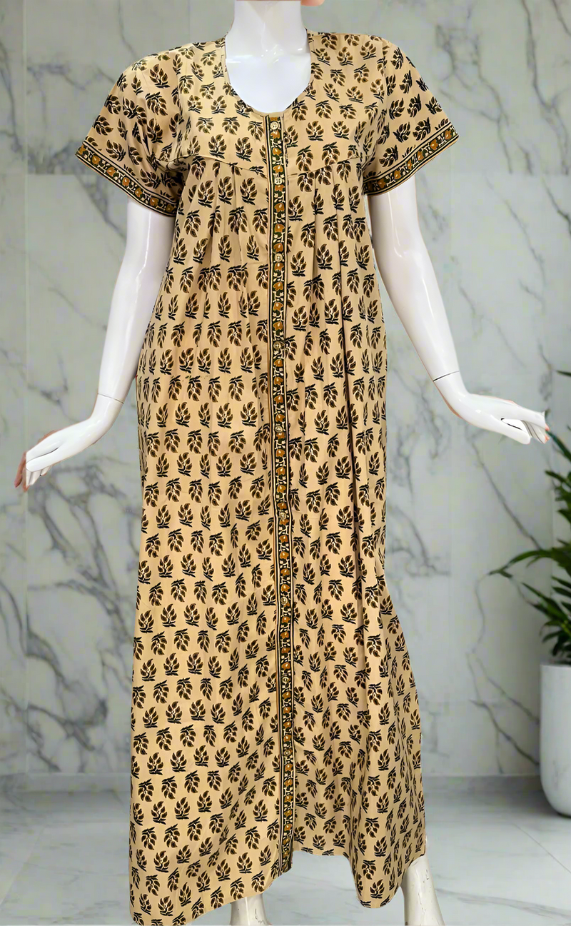 Cream/Yellow Leafy Full Open Pure Cotton Nighty. Pure Cotton | Laces and Frills