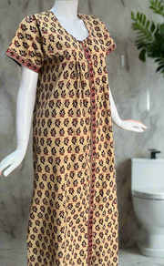 Cream/Black Leafy Full Open Pure Cotton Nighty. Pure Cotton | Laces and Frills