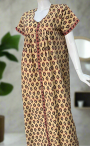 Cream/Black Leafy Full Open Pure Cotton Nighty. Pure Cotton | Laces and Frills