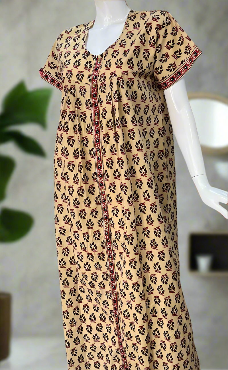 Cream/Black Leafy Full Open Pure Cotton Nighty. Pure Cotton | Laces and Frills