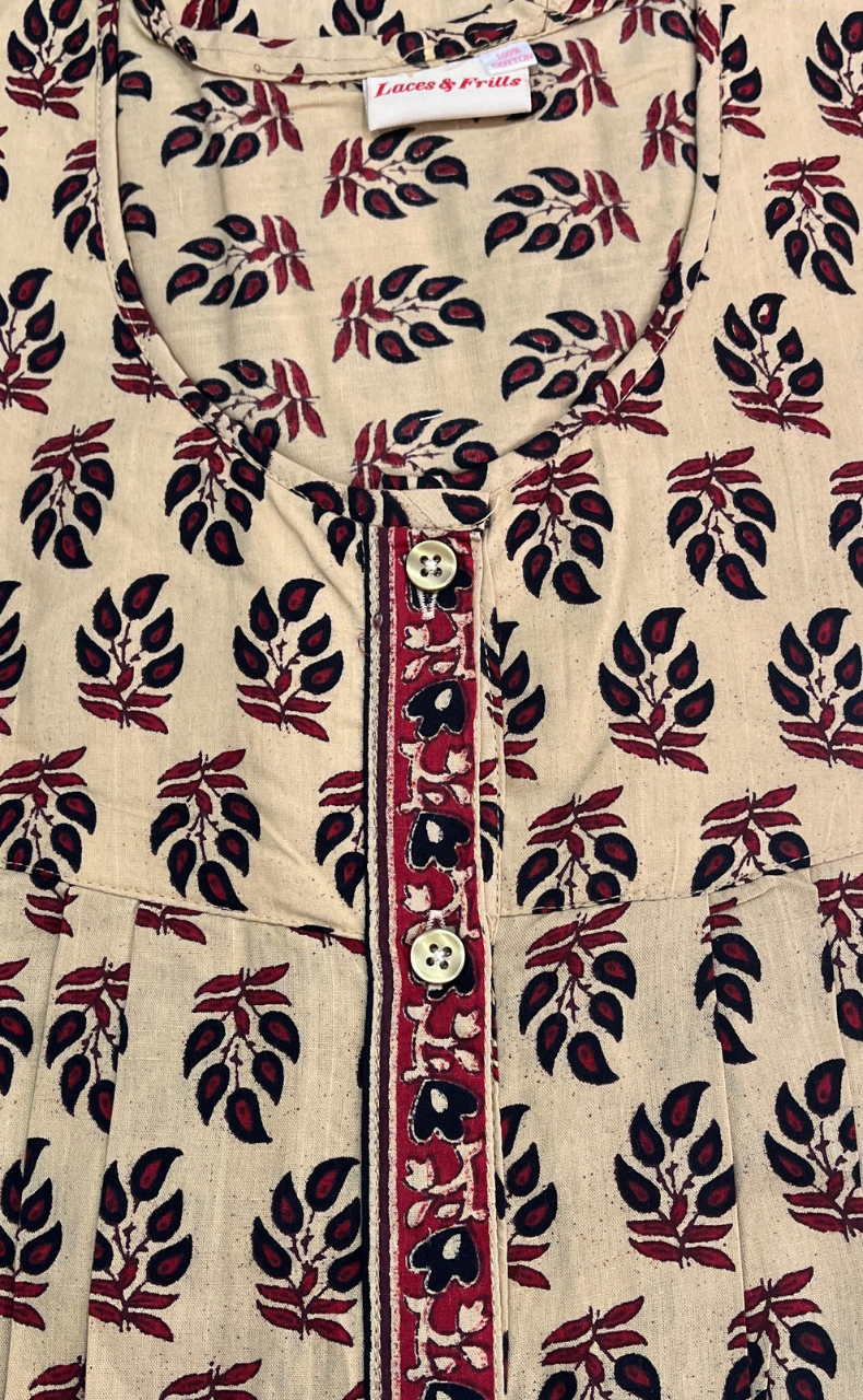 Cream/Black Leafy Full Open Pure Cotton Nighty. Pure Cotton | Laces and Frills