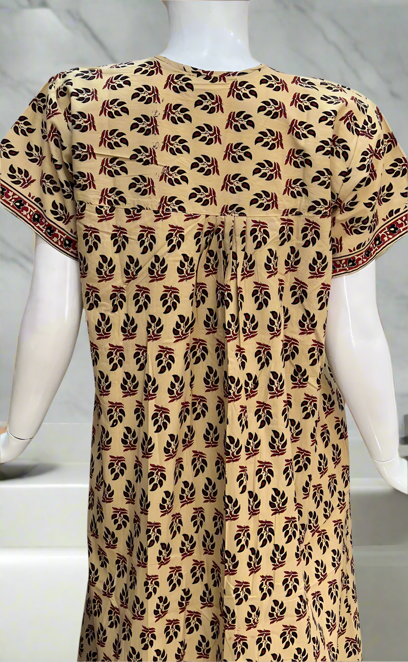 Cream/Black Leafy Full Open Pure Cotton Nighty. Pure Cotton | Laces and Frills