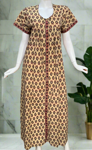 Cream/Black Leafy Full Open Pure Cotton Nighty. Pure Cotton | Laces and Frills