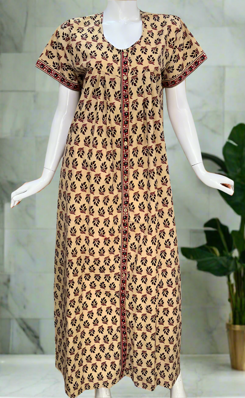 Cream/Black Leafy Full Open Pure Cotton Nighty. Pure Cotton | Laces and Frills